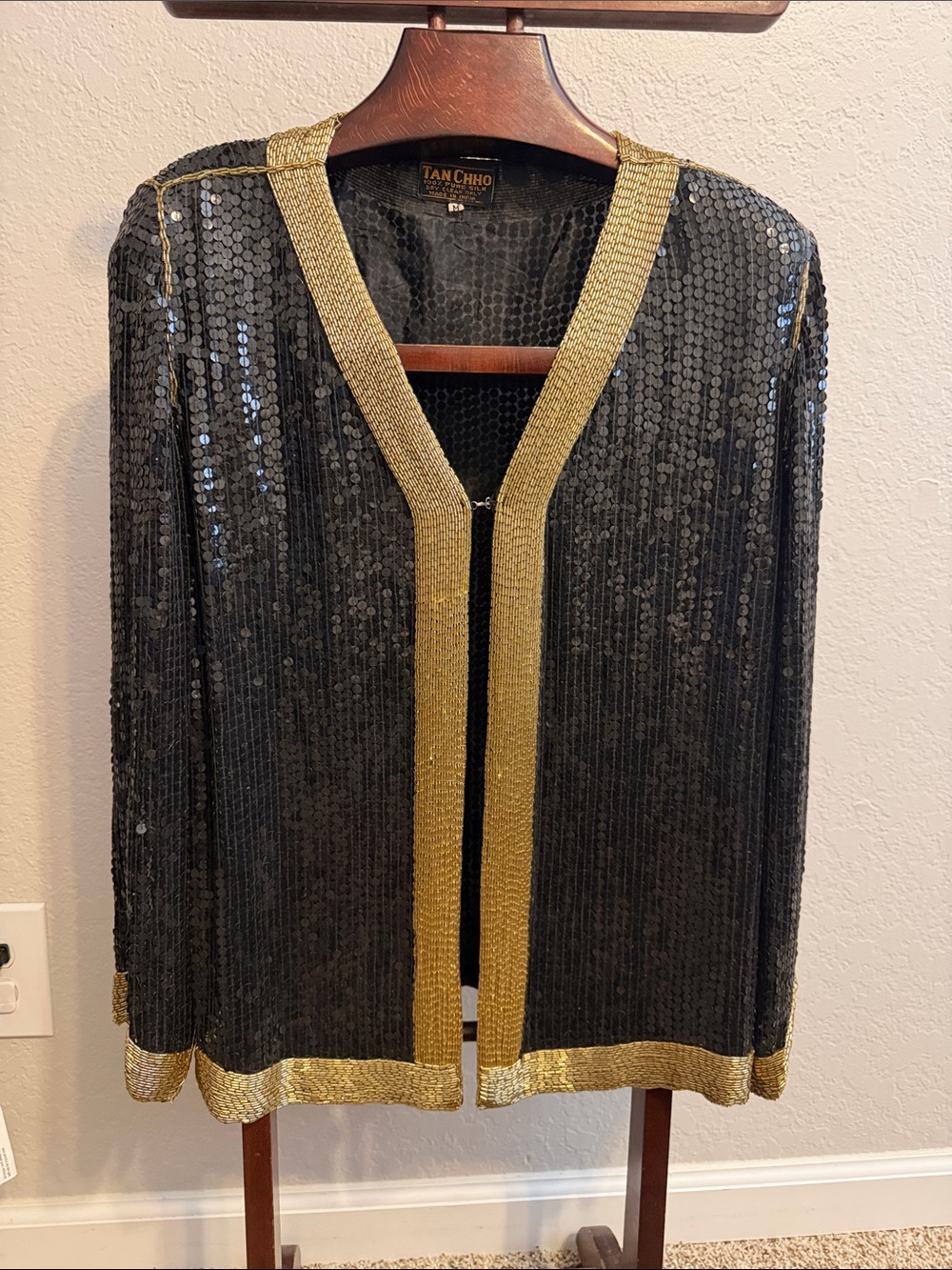 Vintage Tan Chho Black Sequin Open-Front Jacket with Gold Trim